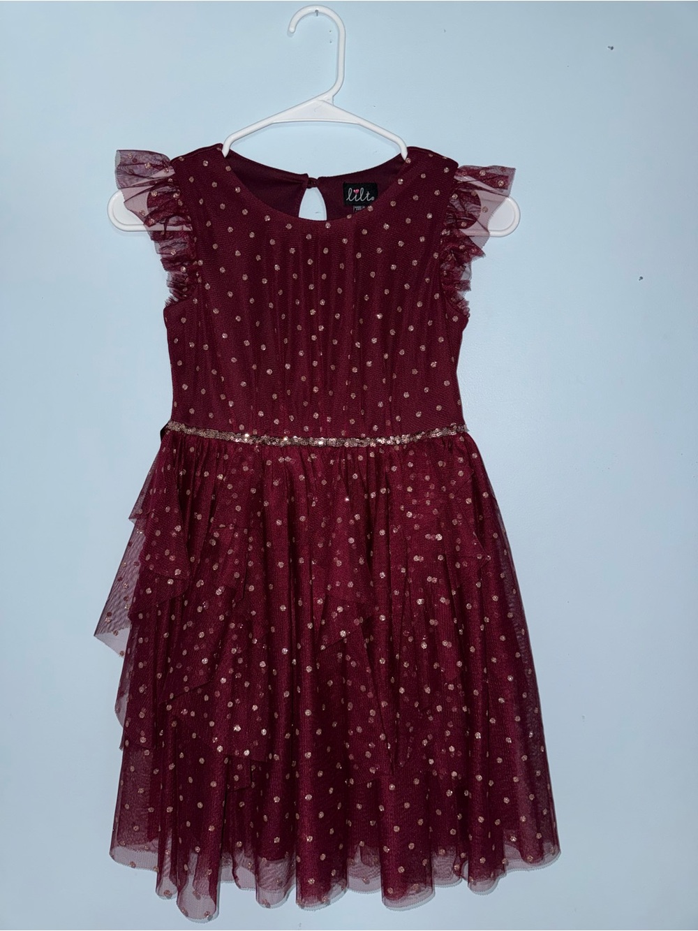 lilt Burgundy Tulle Dress with Gold Accents